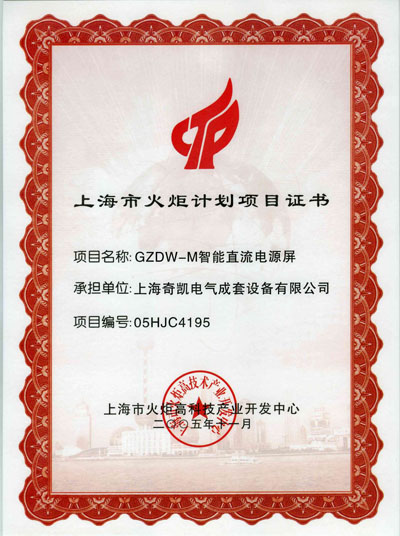 上海市火炬计划项目证书